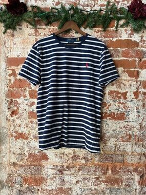 Ralph Lauren Navy and White Striped Crew Neck Tee with Red Pony